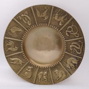 Vintage Chinese Zodiac Brass Ashtray 12 Animal Signs 7" diameter Astrological